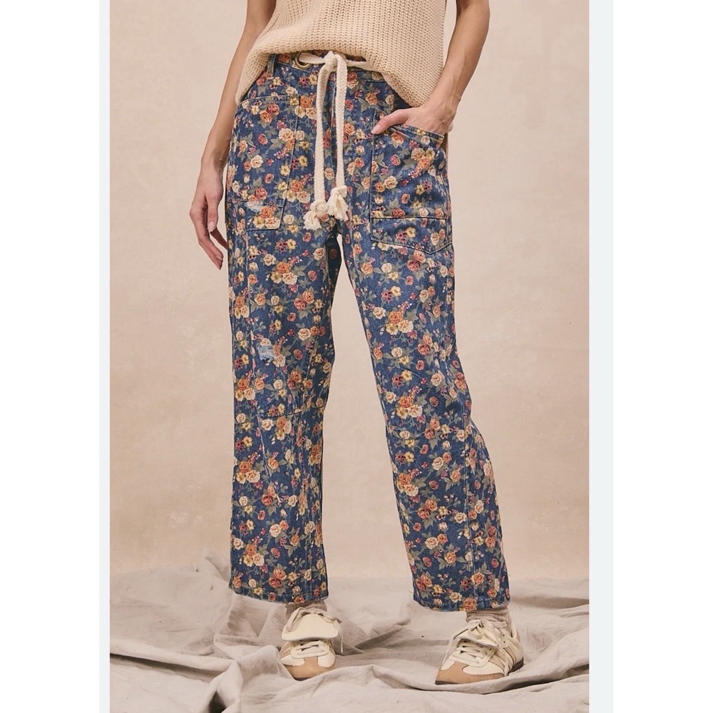 Bibi Floral Barrel Jeans 5 Button Flower Navy Printed Ankle Boho Medium